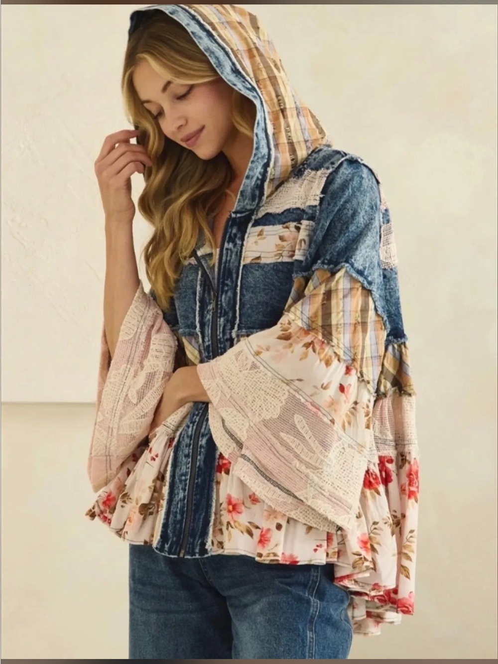 Boho Patchwork Olí and Hali Denim Jacket with Floral Lace Sleeves size S